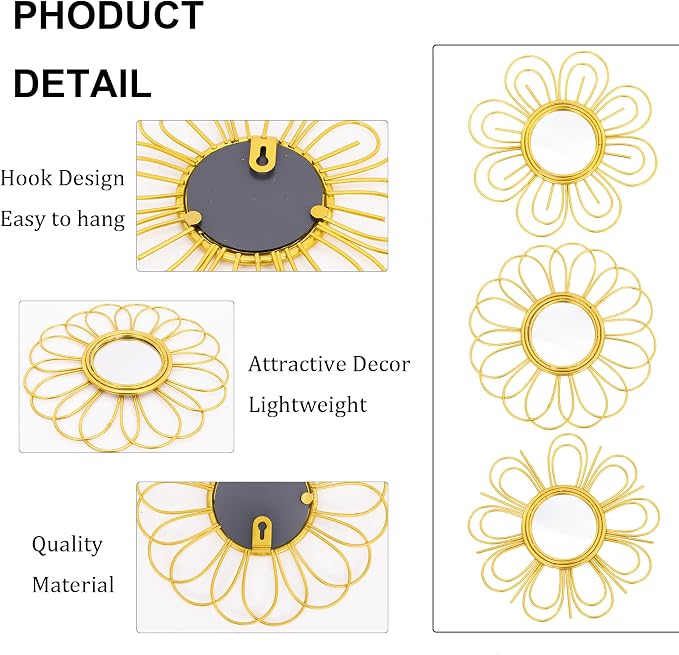 Gold Mirrors 3 Piece, 9 inch Flower-Indoor Shaped Mirror Hanging Wall Decor - Image 2