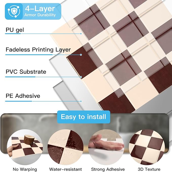 Art3d Grid Peel and Stick Backsplash, 10-Pack, Red Brown and Warm White | 12 x 12 Inch, Enhanced Thickness, Superior Adhesion, Moisture Resistant, Long-Lasting, Minimalist Look, for Kitchen Decor - Image 7