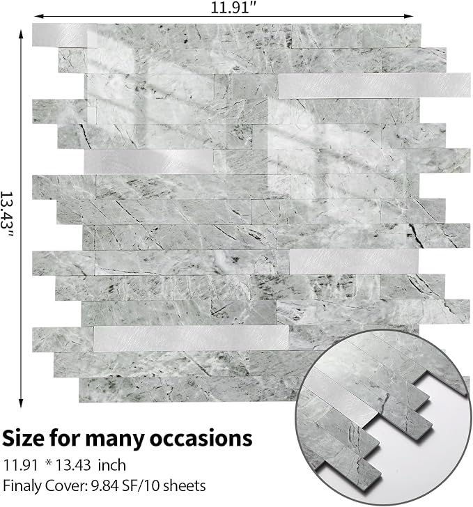 Yipscazo 5 Sheets Peel and Stick Stone Metal Tile Backsplash, Stick on Tiles for Backsplash Kitchen, Bathroom, Laundry Room, Camper, Fireplace (12'' X 12'', Polished Gray) - Image 4