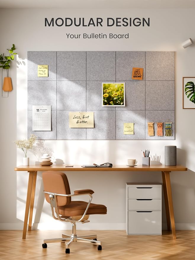 Bumusty 48"x 36" Large Felt Bulletin Board Tiles, Soft Gray | 12-Pack Cork Board Alternative, Wall Decor, 30 Pushpins, 60 Adhesive Tabs, Vision Board, Office, Classroom, Home, Dorm - Image 7