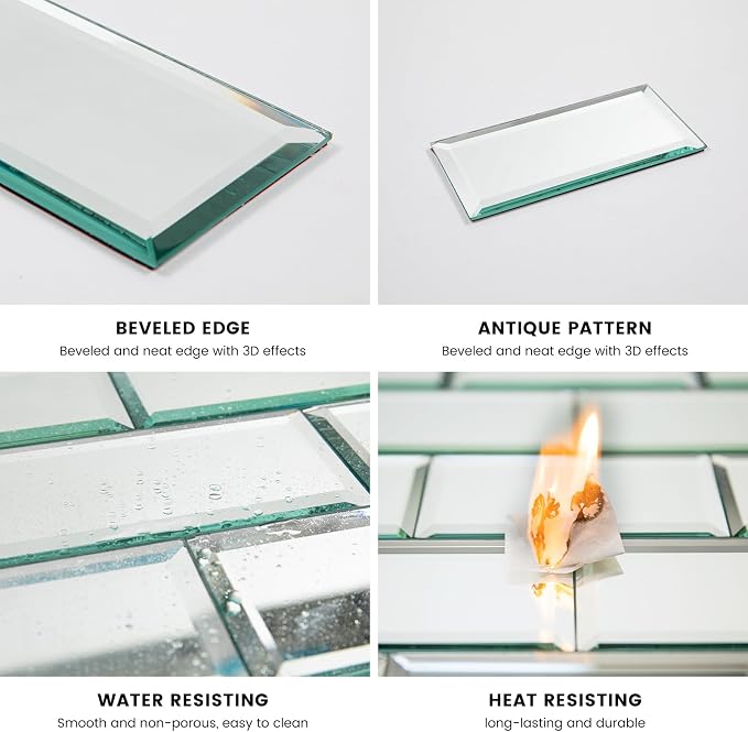 Peel and Stick Beveled Mirror Glass Subway Tile Silver 3 x 6 Inch for Kitchen Backsplash Bathroom Wall （40 Pcs） - Image 5
