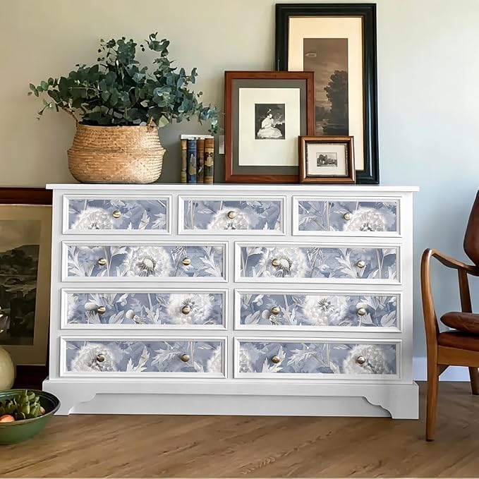 Jeweluck Blue Floral Peel and Stick Wallpaper Dandelion 16.9" x 196.8" | Vintage Blue Contact Paper Peel and Stick Dandelion Boho Self Adhesive Removable Wallpaper for Bathroom Cabinets Decorative - Image 4