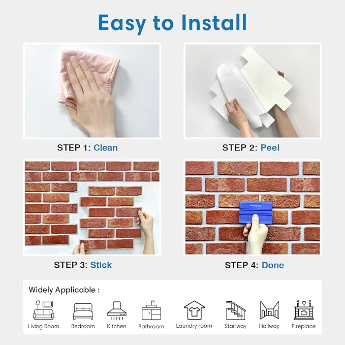 COMSTICKC 3D Peel and Stick Faux Brick Wall Panels for Quick DIY Wall Decor | Red, 10 Pcs 11.8" x 11.8", Not Real Brick, Small Size Brick, Lightweight Thin PVC Decorative Wall Sticker, Cover 9.7 sq ft - Image 8