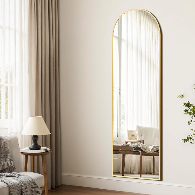 Arched Full Length Mirror, 56"x15" Standing Body Mirror for Wall, Gold - Image 3