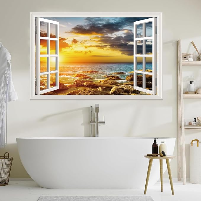 Fake Window Wall Sticker- Sunset Beach Seascape Open Wall Art Decal | Faux Window Ocean Natural Landscape Mural｜Stick and Peel Wall Decals｜Room Bedroom Office Scene Decor｜48"x32",Set of 2 Sheets - Image 9