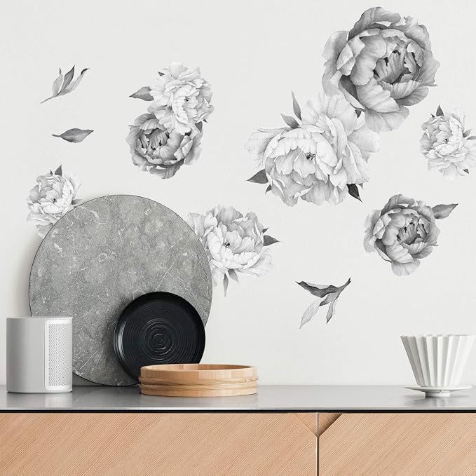 Peony Watercolor Wall Decals (Black and White Watercolor) - Flowers Decals for Wall - Botanical Bedroom Decor - Floral Peonies Grey Wall Stickers with Test Sample by DesignStickers