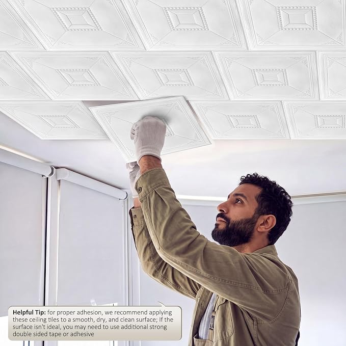 Nuanchu 40 Pcs 13.8 x 13.8 Inch Ceiling Tiles Peel and Stick, Modern | Foam White 3D Wall Panels 26-105.5 Sq. ft Adhesive Glue up Waterproof Wallpaper for DIY Office Home - Image 5