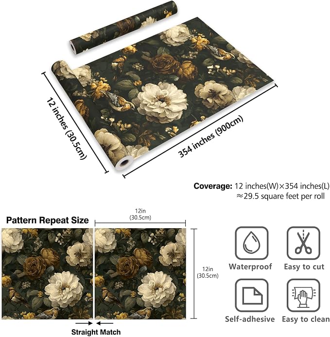 CRE8TIVE Peony Rose Floral Wallpaper Peel and Stick for Bathroom 12"x354" | Non‑Woven Dark Moss Green Contact Paper Waterproof Self Adhesive Bird Botanical Wallpaper Mural for Bedroom Walls Dressers - Image 9