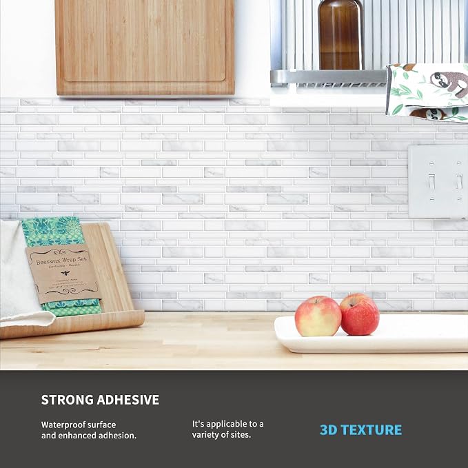 Art3d Stone Peel and Stick Backsplash, 10-Sheet, 12" x 12", White Marble | Lightweight, Self Adhesive, Moisture Resistant, Easy to DIY, Modern Style, for Kitchen, Bedroom, Ideal for New Home Buyers - Image 4