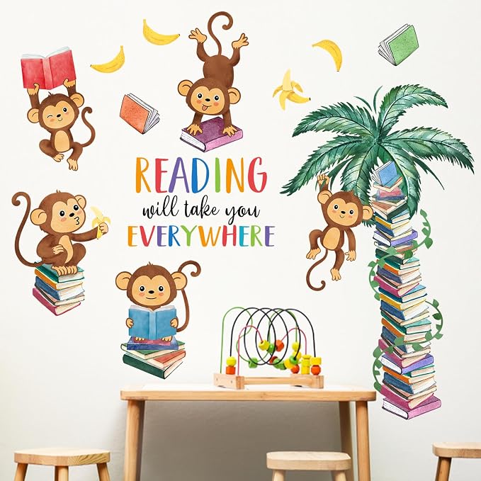 Mfault Monkey Reading Book Wall Decals Stickers, Reading Will Take You | Everywhere Nursery Classroom Decorations Bedroom Art, Jungle Animal Inspirational Neutral Toddlers Kids Room Reading Corner - Image 6