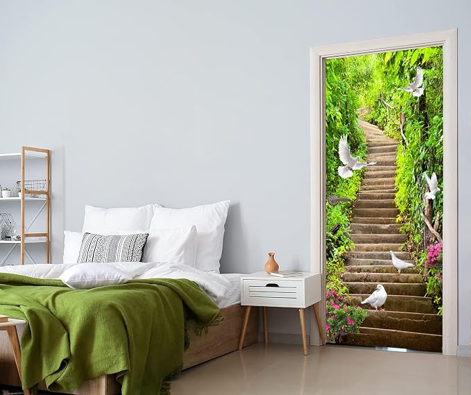 artfanke 3D Peel and Stick Door Sticker 30.3"x78.7"- Self-Adhesive Door Wallpaper Murals Decal-Green Forest Doves Wall Poster for Bedroom Home Decor (2 Sheets/Set) - Image 3