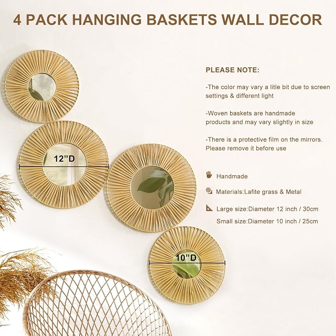 Artilady Hanging Baskets Wall Art with Mirror, 4Pcs Boho Wicker Wall Decor - Image 4