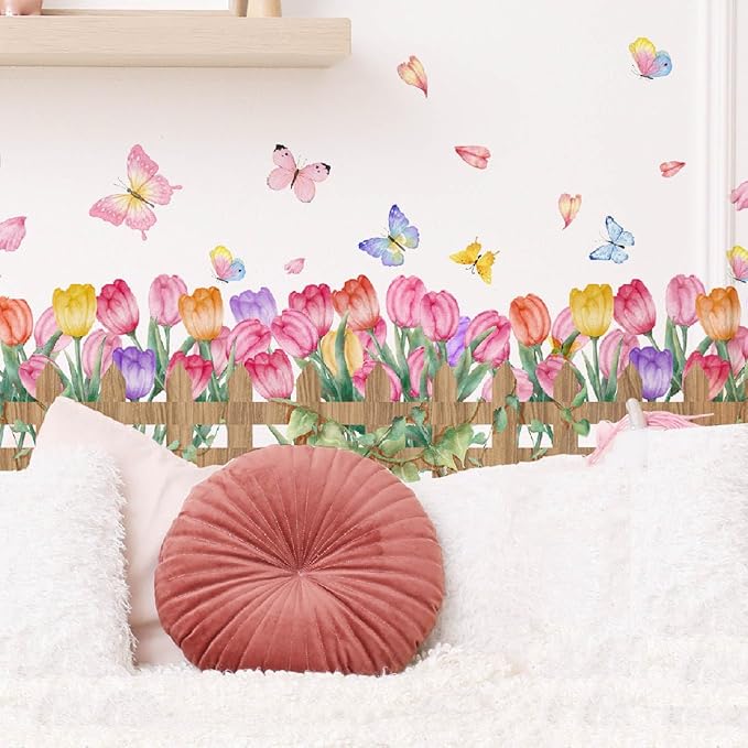 2 Pieces Tulips Wall Decals Vinyl Flowers Wall Stickers Removable Floral Art Murals Peel and Stick Colorful Tulips Fence Butterfly Decor for Girls Bedroom Living Room Nursery by Incholl