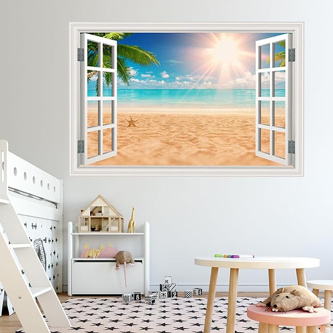 Fake Window Wall Decal- Summer Beach Ocean Palm Tree Open Wall Art Sticker | Faux Window Natural Scenery Landscape Mural ｜ Stick and Peel Wall Decals｜for Room Bedroom Office Scene Picture Decor｜24"x16" - Image 6