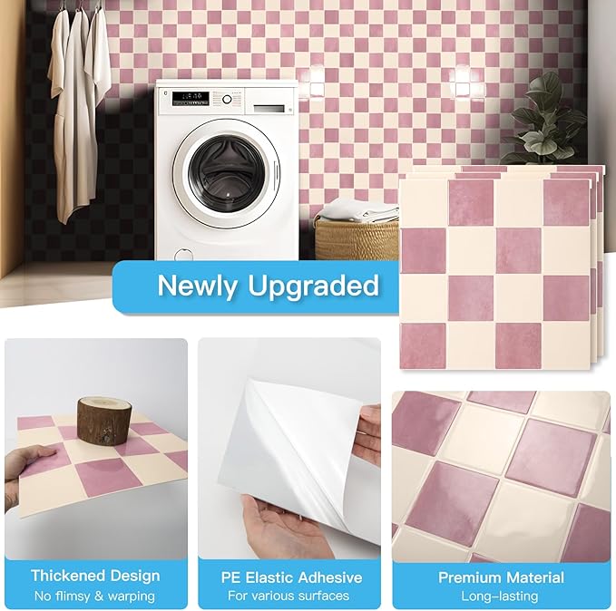 Art3d Grid Peel and Stick Backsplash, 10-Pack, 12" x 12", Pink & Warm White | Enhanced Thickness, Strong Adhesion, Moisture Resistant, Long-Lasting, Minimalist Look, DIY Friendly, for Kitchen Countertops - Image 5