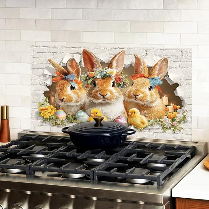 Easter Bunny Kitchen Backsplash Peel and Stick, 30x16 in | Flower-crowned bunnies bursting through brick wall with Easter eggs and chicks; flat 2D peel and stick; wipe clean; 30x16 in - Image 2