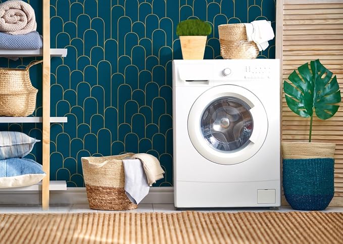 Yasinet Peel and Stick Wallpaper Blue and Gold Wallpaper Blue Geometric Contact Paper Removable Self-Adhesive Stripe Waterproof Wall Paper Decorative for Wall Bedroom Vinyl Film 17.3”x118” - Image 4