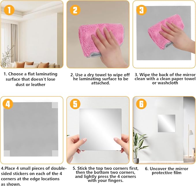 6 Pcs 8x8 Inch Self Adhesive Acrylic Mirror Tile Frameless Flexible - Image 3