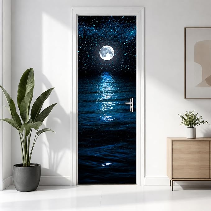 Door Stickers Peel Stick Murals-Wall Cover Decorative Decal Moonlit Sea | 30.3"W x 78.7"H, 3D Moonlit Sea Wallpaper，Waterproof Removable Opaque Vinyl Self Adhesive Fake Door Decor for Home Office - Image 2