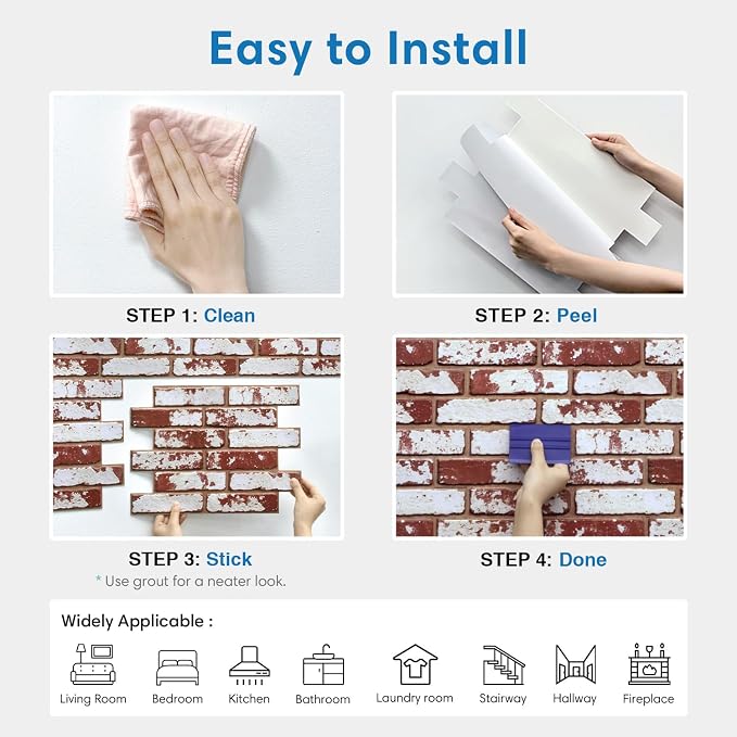 COMSTICKC 3D Faux Brick Wall Panels Peel and Stick Decorative Tiles Sticker | 10 Pcs 15.7" x 11.8", Red Whitewash, Not Real Brick, Thin PVC Fake Brick Backsplsh Sticker Covering for DIY, Cover 12.9 sq ft - Image 8