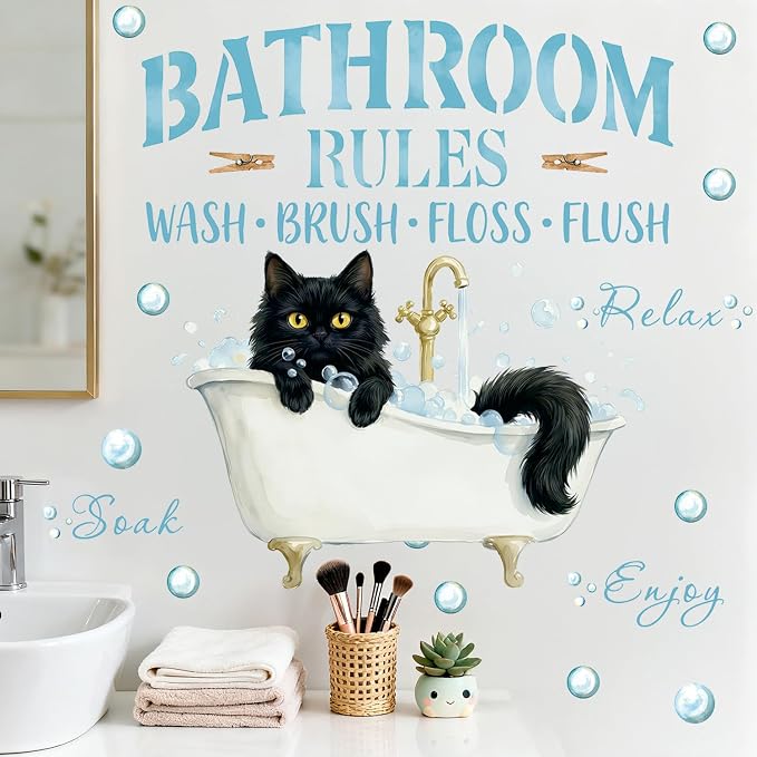 LHIUEM Cat Bathroom Wall Decals,Funny Black Cat Wall Stickers,Watercolor Bubble Wallpaper,Cute Cat in Tub Murals,Bathroom Rules Pictures,Peel and Stick for Restroom Home Kids Room by LHIUEM