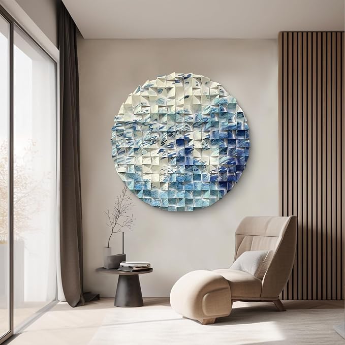 LIUZEYUE - Abstract Flow Round Wood Wall Art, White and Blue River Line Pattern, Modern Circular Wooden Decor for Living Room Office 39.4" - Image 7