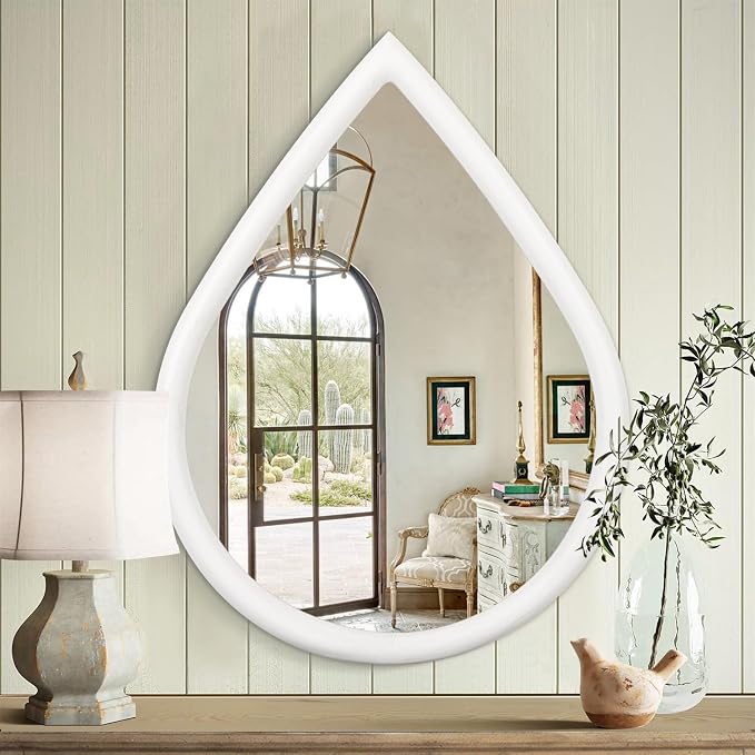 White Vintage Mirror Teardrop Wall Hanging Mirror Wood Frame 26 X 18 Inch Wall Mirrors Decorative for Entryway Living Room Bathroom Hallway Home Decor by FEUFOAM