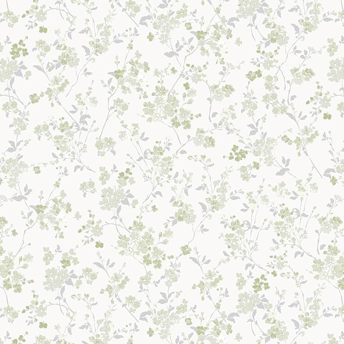 Peel and Stick Wallpaper for Nursery Green Cherry Blossom Waterproof | 197"×17.3" Green Floral Watercolor Wallpaper Gentle Accent Wall Decor with Grid Lines for Bedroom Vinyl Self-adhesive by Fiula