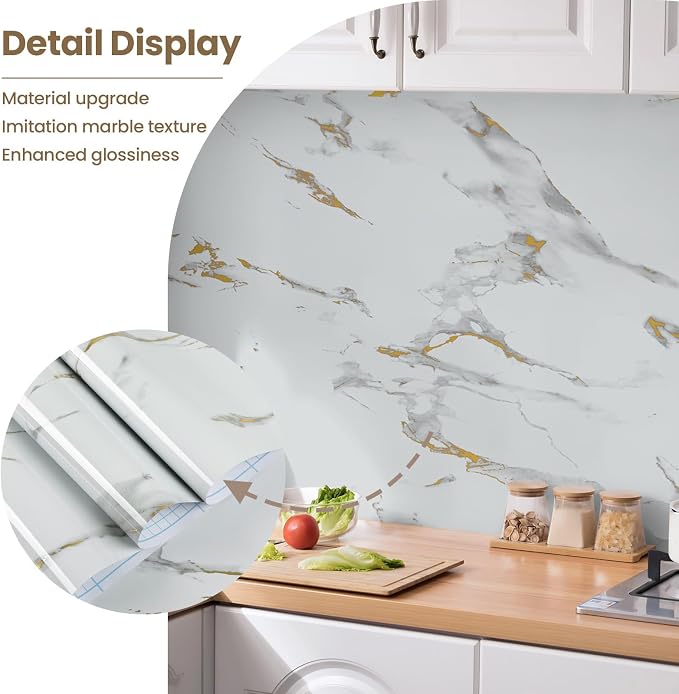 Marble Contact Paper Gold Extra Wide Peel and Stick for Kitchen Countertop | 35.4" x 118" Glossy White Granite Removable Wall Paper for Kitchen Countertop Cabinet Furniture - Image 3
