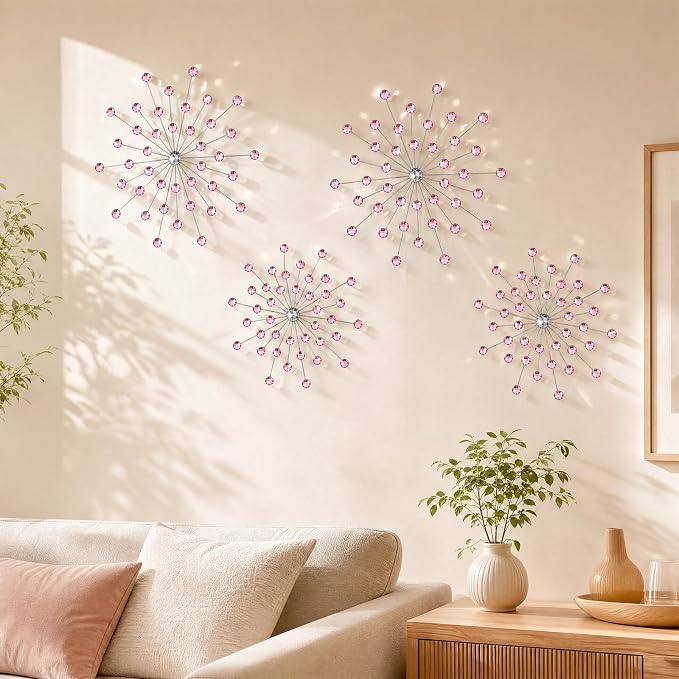 ZEXUIRU 4 Set Silver Starburst Wall Art for Home Decor Metal Bling Crystal Rhinestones Sunburst Wall Decor Sparkling Rhinestone Art Accent Silver - 13 in - Image 2