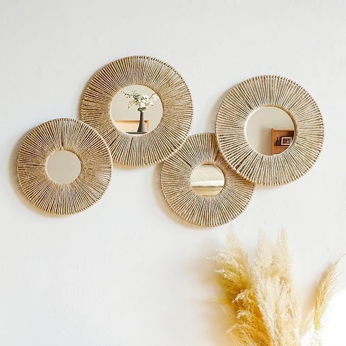 Artilady Hanging Baskets Wall Art with Mirror, 4Pcs Boho Coastal Wall Decor by Artilady