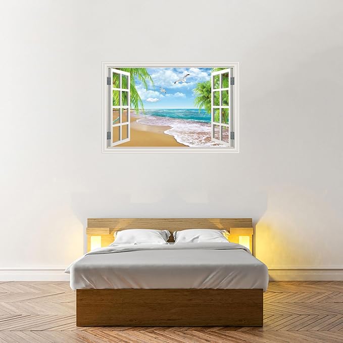 Fake Window Wall Decal- Summer Beach Ocean Coconut Trees Open Art Sticker | Faux Window Natural Scenery Landscape Mural｜ Stick and Peel Wall Decals｜Room Bedroom Office Decor｜Large Murals 66"x48" - Image 8