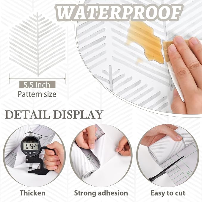 MelunMer Modern Peel and Stick Wallpaper Boho Contact Paper 17.3''×197'' | Grey and White Self Adhesive Removable Wallpaper for Bedroom/Bathroom Waterproof Geometric Contact Paper for Cabinets, Drawer - Image 4