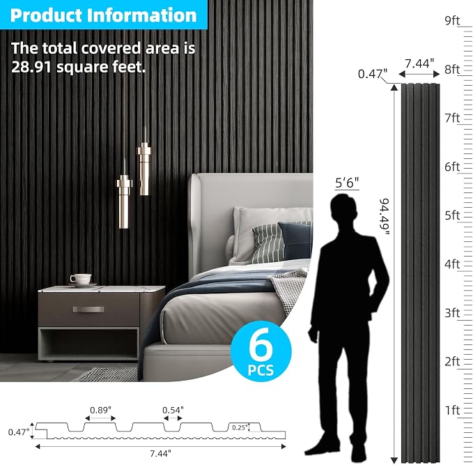 Art3d Wood Slat Wall Panels, Fluted MDF, 6-Pack, 94.6 x 7.4 in, Matte Black | 3D Textured Panels for Accent Walls, Ideal for Living rooms, Bedrooms, Offices, Entryways and Studios - Image 5
