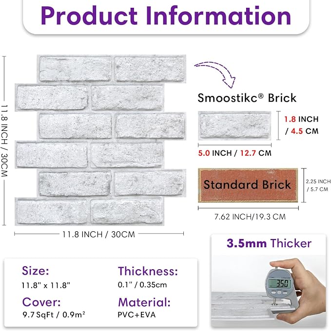 3D Peel and Stick Faux Brick Wall Panels 11.8" x 11.8" 10-Pack | Grey Spot Whitewash, Small Brick-Look Textured Sticker, Thin PVC Self Adhesive Wall Tiles for Interior Decor, Cover 9.7 sq ft - Image 6