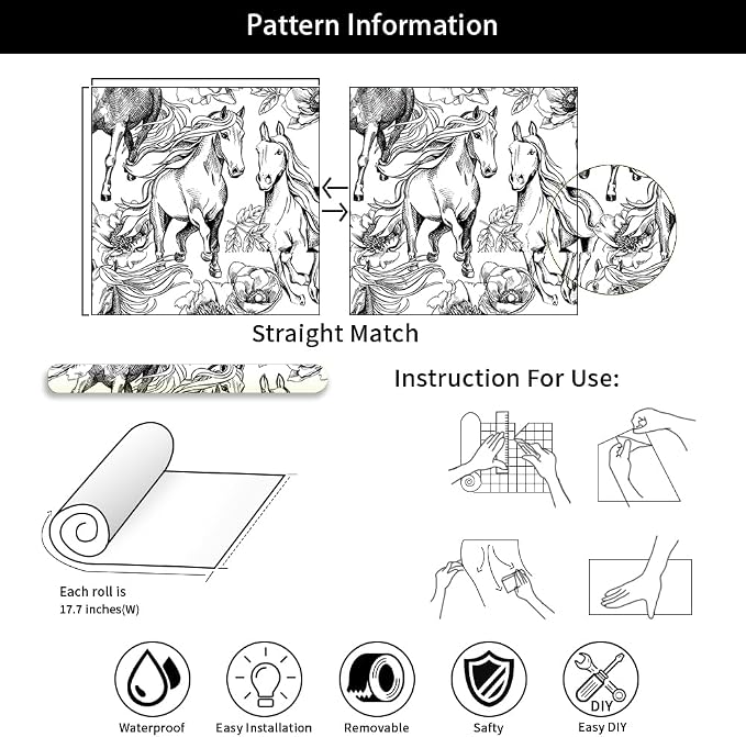 Black and White Peony Floral Horse Modern Peel and Stick Wallpaper Wall Decor Self Adhesive Wall Paper Stick on Easy Peel Off Contact Paper for Renter Bedroom Apartment - Image 7