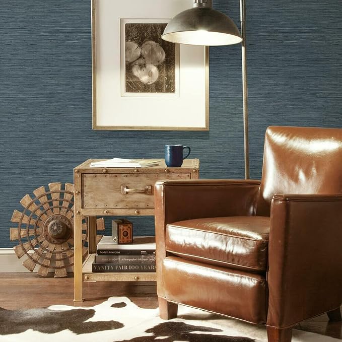 RoomMates RMK11314WP Blue Faux Grasscloth Non-Textured Peel and Stick Wallpaper, 20.5 inches x 16.5 feet - Image 2