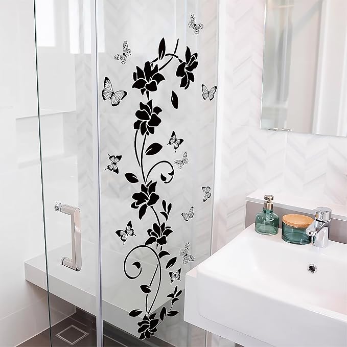 Black Flower Wall Stickers, Vines & Butterfly Wall Decals Peel and Stick | Removable Art Decoration for Bathroom Living Room Bedroom Door Murals - Image 8
