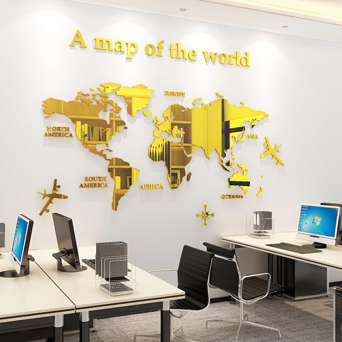 WINDIR 3D World Map Wall Stickers Decor Murals DIY Decal Golden 71x40 inch, Acrylic Office Wall Art Decor Bedroom Living Room TV wall (Golden: 180x100 cm) Large - Image 6