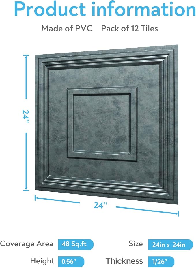 STICKGOO Glue-Up Ceiling Tiles, Antique Green Bronze, 24 x 24 in, 12 Pack | 2 x 2ft Drop ceiling panels, PVC decorative ceiling tiles, covers 48 sq ft, waterproof, lightweight - Image 4