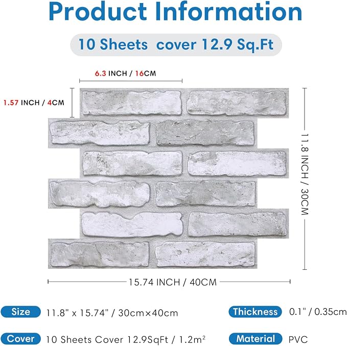 COMSTICKC 3D Peel and Stick Faux Brick Wall Panels for Quick DIY Wall Decor | Gray-White, 10 Pcs 15.7" x 11.8", Not Real Brick, Lightweight PVC Decorative Wall Sticker for Wall Makeover,Cover 12.9 sq ft - Image 5