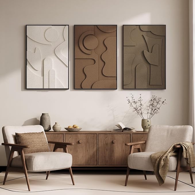 Large 3D Textured Framed Neutral Abstract Wall Art for Living Room, 3 Piece | Solid wood frames, sculptural relief forms, warm earth tones, ready to hang, big size 24x36 in, wall decor for bedroom office - Image 5