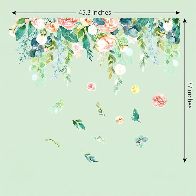 Hanging Floral Flower Wall Decals, Hanging Rose Eucalyptus Wall Stickers | Boho watercolor blush pink rose peel and stick wall decor, removable vinyl wall art mural for bedroom living room - Image 2
