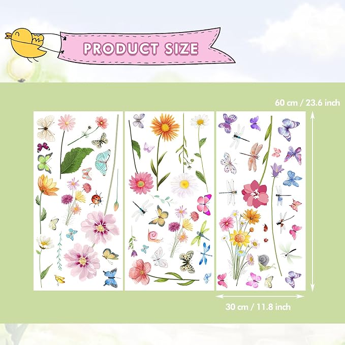 80 Pieces Flowers Butterflies Wall Decals Chrysanthemums Dragonflies Wall Sticker Flowers Peel and Stick Art Removable PVC Garden Decal for Kids Room Nursery Classroom Bedroom Decor, Colorful - Image 2