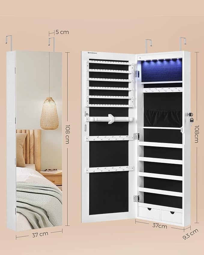 SONGMICS Mirror Jewelry Cabinet Armoire, Wall or Door Mounted, Lockable - Image 6