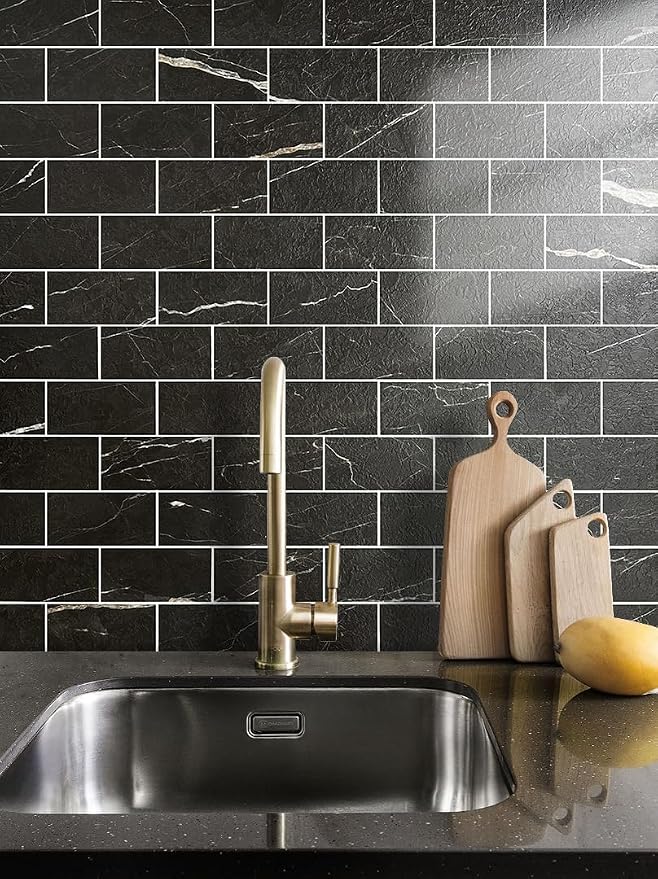 AULIGET 100 Piece Faux Stone Backsplash Peel and Stick PVC Tile, 3 Inch x 6 Inch Black Marble with White Grout Stick on Tiles for Backsplash Kitchen, Bathroom, Laundry Room, Camper, Fireplace - Image 6