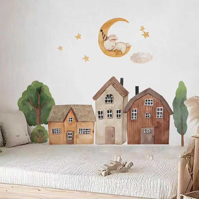 Fabric Boho Garden House Wall Stickers Watercolor House Wall Decor Tree self-Adhesive Wall Decals Peel and Stick Removable Wall Art Decor, DIY Mural Wall Decor by Liwo