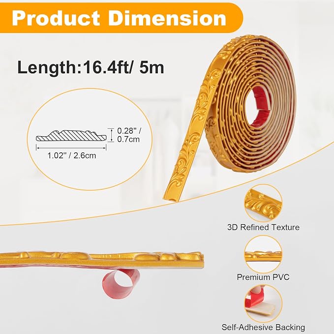 16.4FT x 1.02'' Gold Crown Molding Trim Peel and Stick – Flexible Decorative Mirror Frame Border, Self-Adhesive Trim for Doors & Cabinets - Image 2
