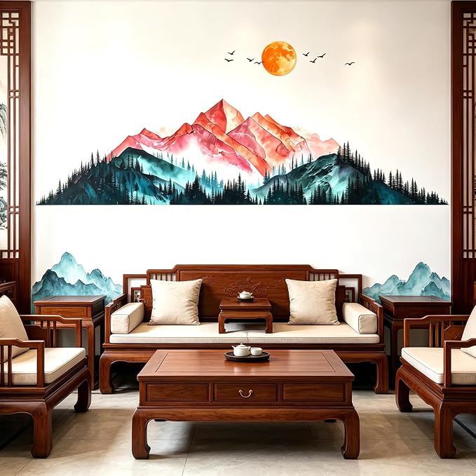 Mountain Sunset Bird Wall Decal Nature Living Room Entryway Decor Sticker | Peel and stick watercolor mountain landscape border trim, pine tree removable vinyl decor for living room bedroom entryway by VePret