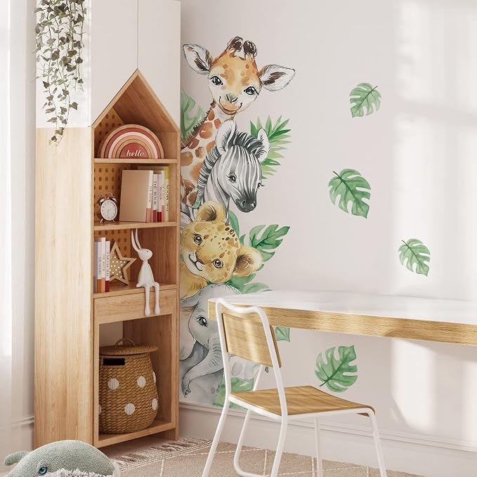 Supzone Jungle Animal Wall Stickers - Cartoon Animal Wall Decals with Giraffe, Zebra, Elephant & Green Leaves - Wall Art Stickers for Kids, Baby Nursery, Bedroom, Playroom & Kindergarten Decor - Image 4